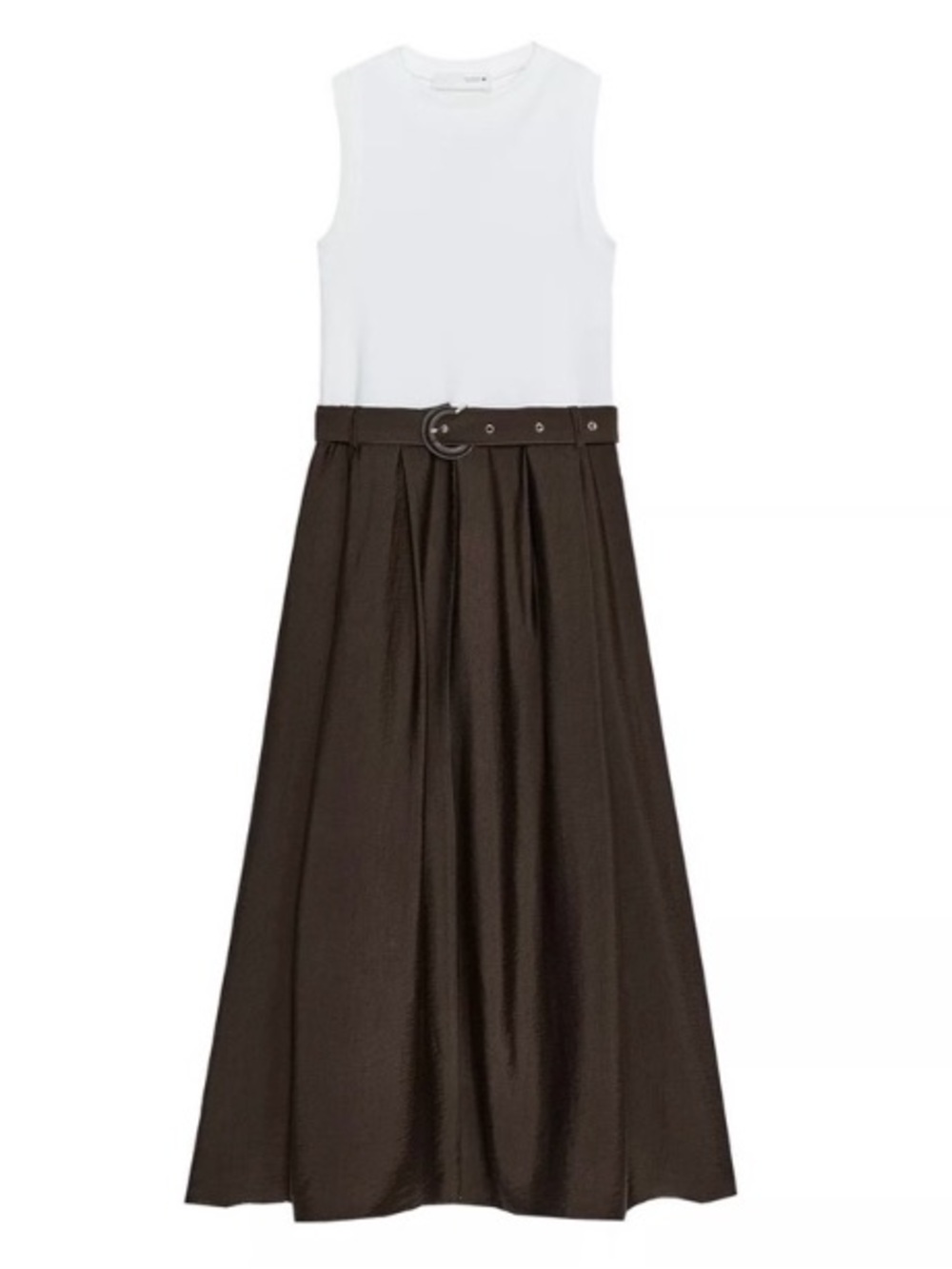 Zara BELTED COMBINATION MIDI DRESS white top/brown skirt 0/5029/177